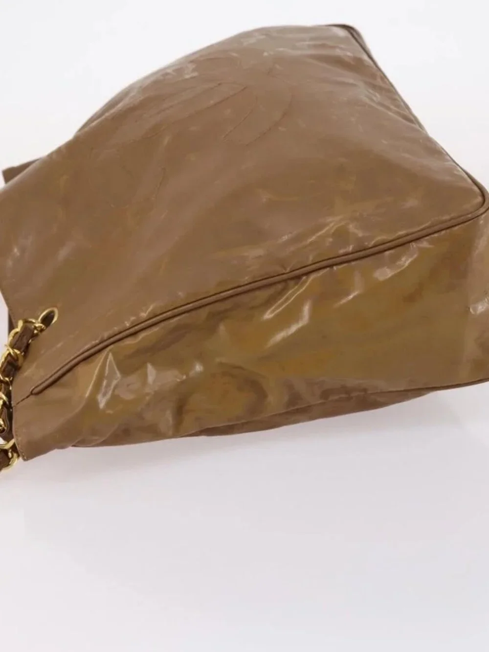 CHANEL Tote Bag Enamel Brown Gold CC Auth bs29208